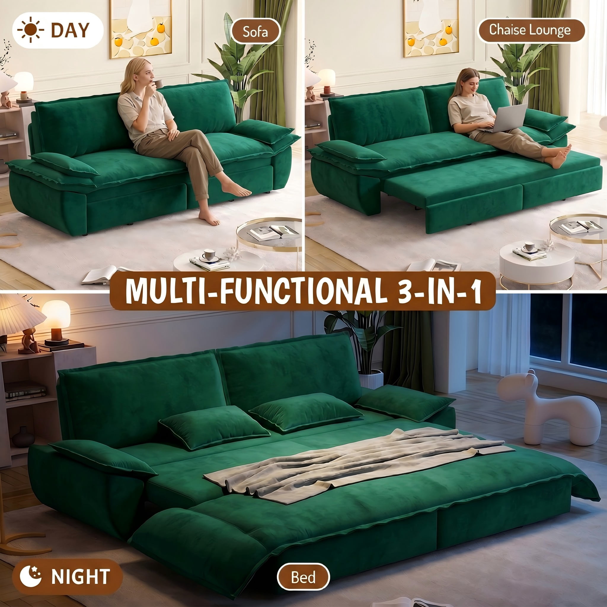 Multi-Functional Velvet 3-in-1 Convertible Sofa Bed, Queen Size Sleeper Loveseat with 2 Pillows, Green
