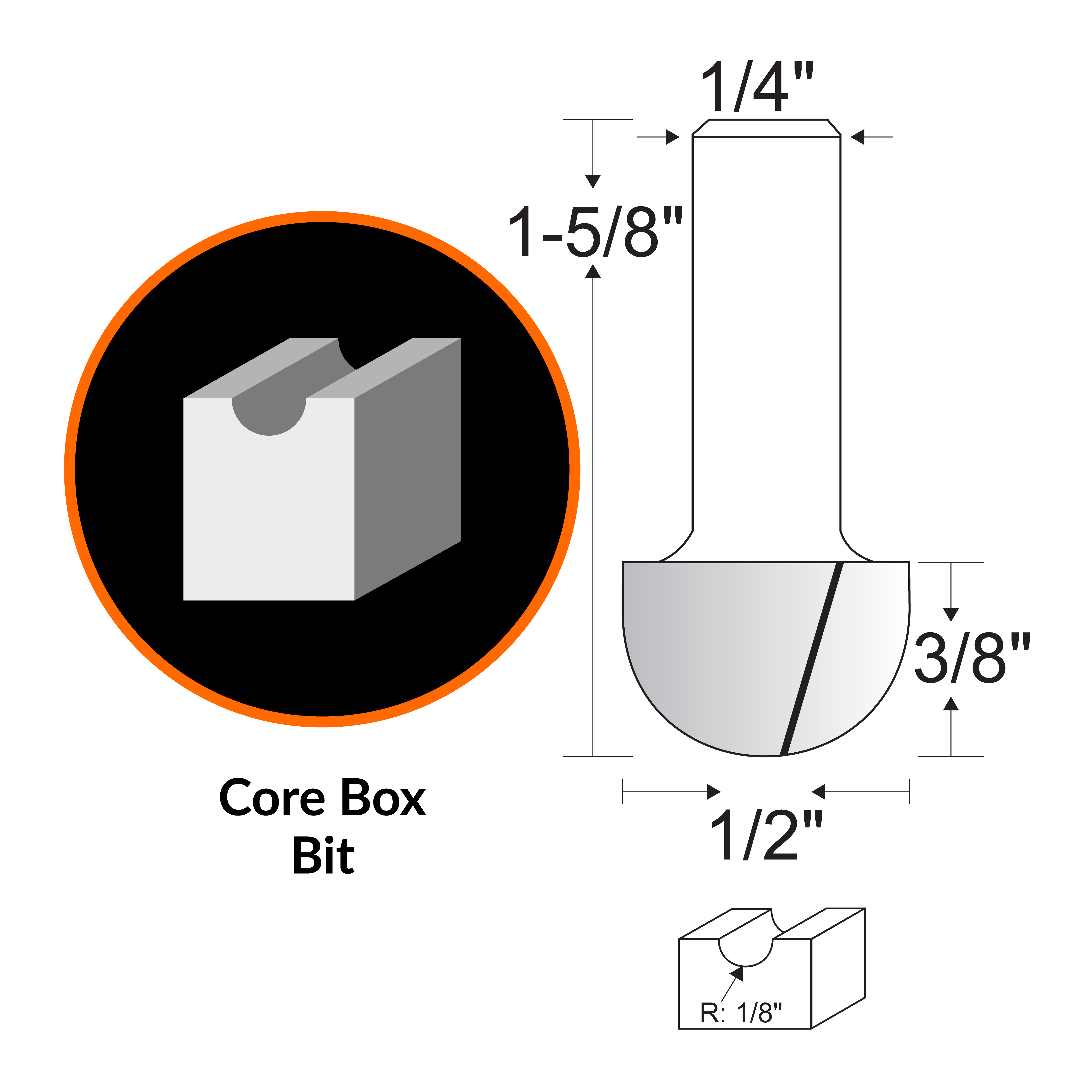 WEN 1/2 in. Core Box Carbide-Tipped Router Bit with 1/4 in. Shank