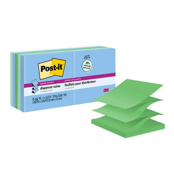 Post-it Super Sticky Dispenser Pop-up Notes, 3 in x 3 in, Oasis, 10 Pads