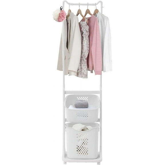 Rolling Laundry Hamper Cart with Wheels and Hanging Bar, 2 Tier Rolling Laundry Basket Laundry Basket Organizer，Laundry Sorter for Laundry Bedroom Bathroom w/ 2 Removeable Baskets