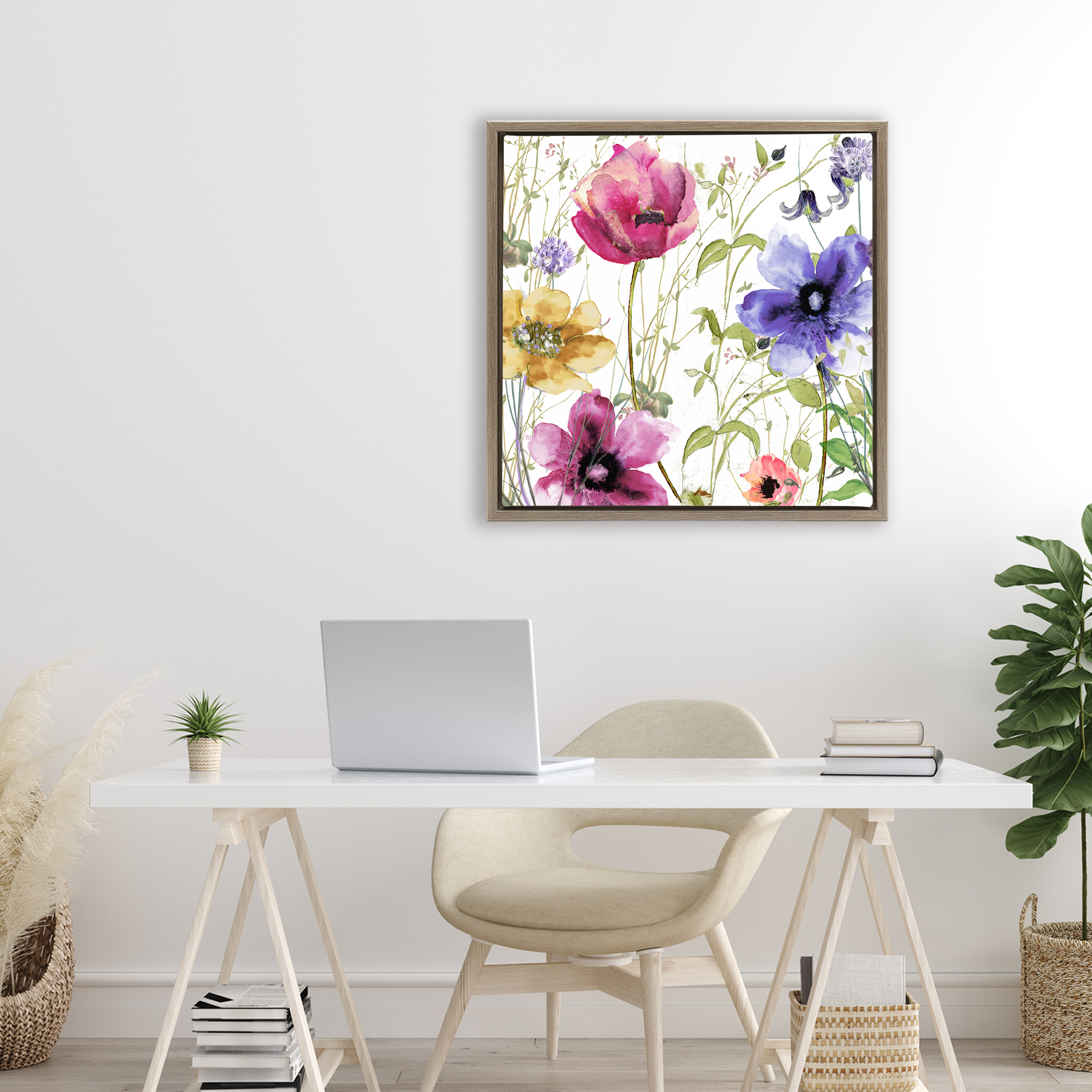 Botanical Spring Garden Blooms Brown Framed Floater Canvas Wall Art, design by Sasha