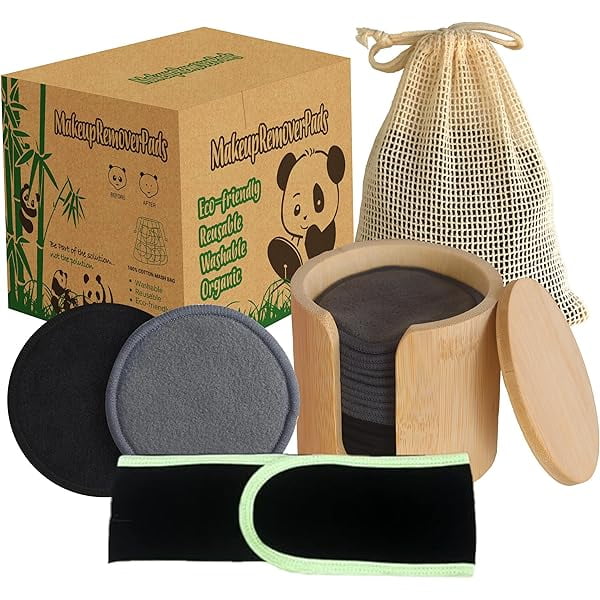 wonima104 Reusable Bamboo Makeup Remover Pads | 20Pcs Natural Bamboo Reusable Cotton Rounds Makeup Removal Pad| Soft Makeup Remover Set with Bamboo Holder Laundry Bag Headband, Black and Gray