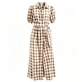 thumbnail image 5 of Ayolanni Women Summer Dresses V Neck Short Sleeve Plaid A-Line Maxi Dress Party Belted Birthday Elegant Long Dress with Puff Sleeve Brown L, 5 of 5