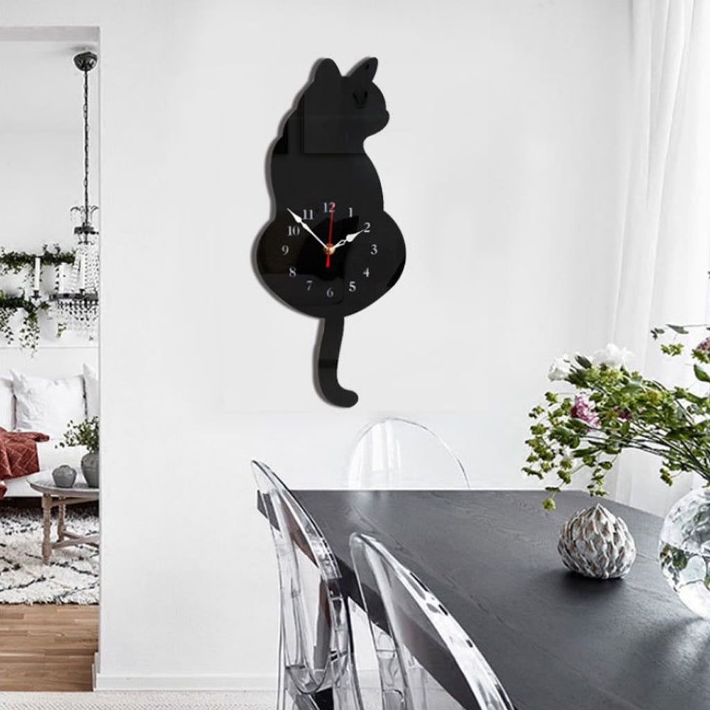 Tail Wagging Black Cat Design Wall Clock Pendulum Clock Home Decor 