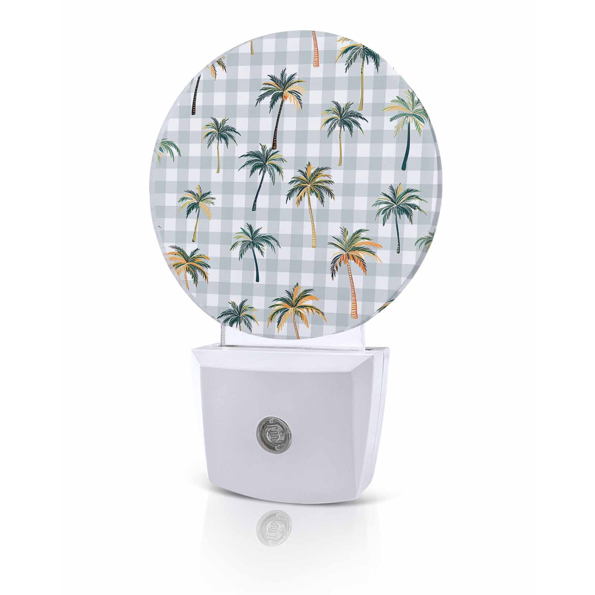 Night Lights Auto Sensor Coconut Palm Trees Night Light Grey Buffalo Plaid Round Lamp Plug-in LED Nightlights Dusk to Dawn for Living Room Bedroom Bathroom Hallway Home Wall Decor