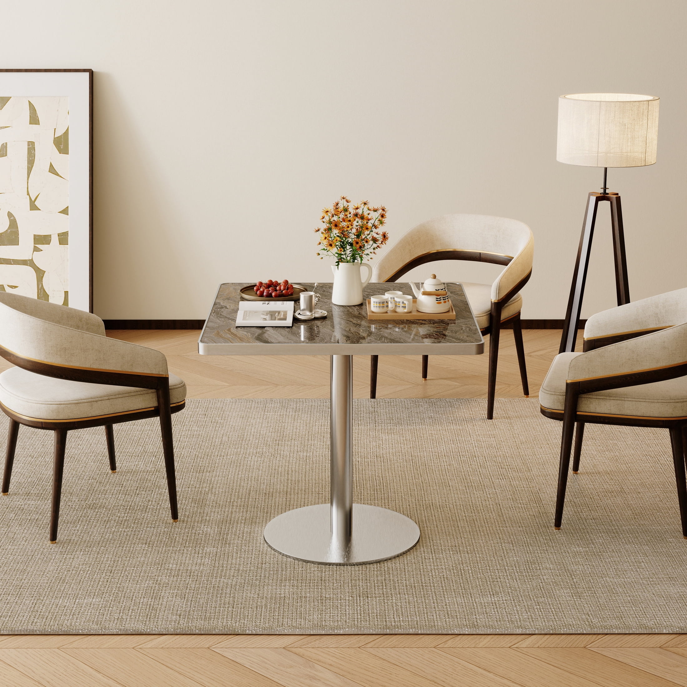Noble House 31.5" Square Dining Table with Faux Marble Top, Luxury Bistro Table with Stainless Steel Legs, Gray & Silver