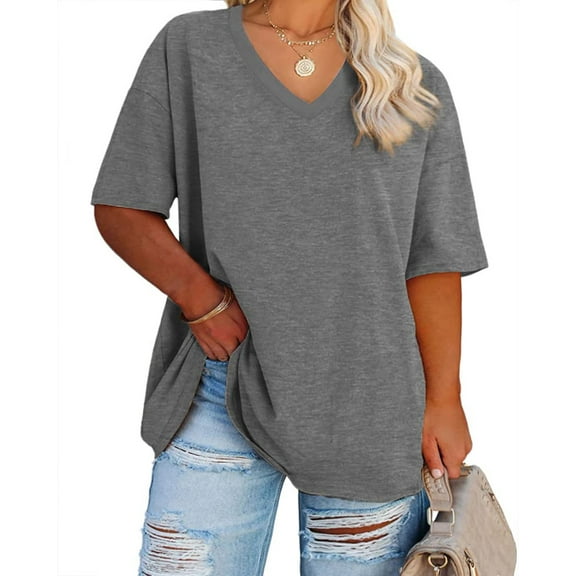 Ptaesos Women's Plus Size V Neck T Shirts Summer Half Sleeve Oversized Tees Casual Loose Fit Tunic Tops