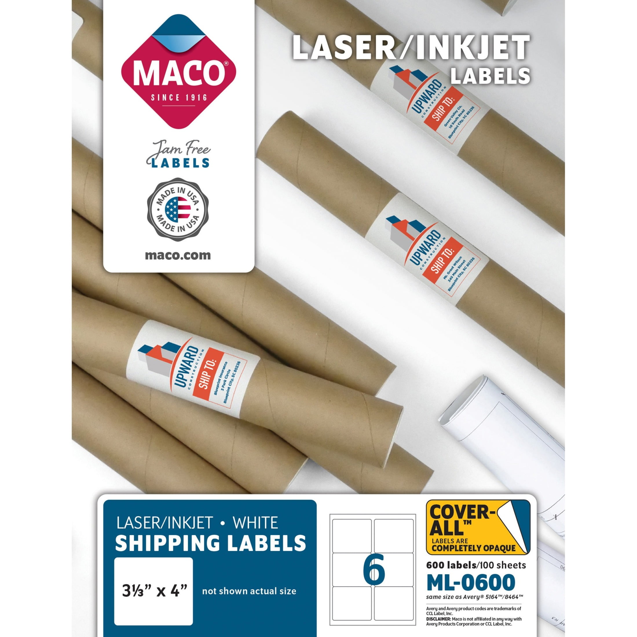 Maco, MACML0600, Laser Printer White Shipping Labels, 600 / Box, White