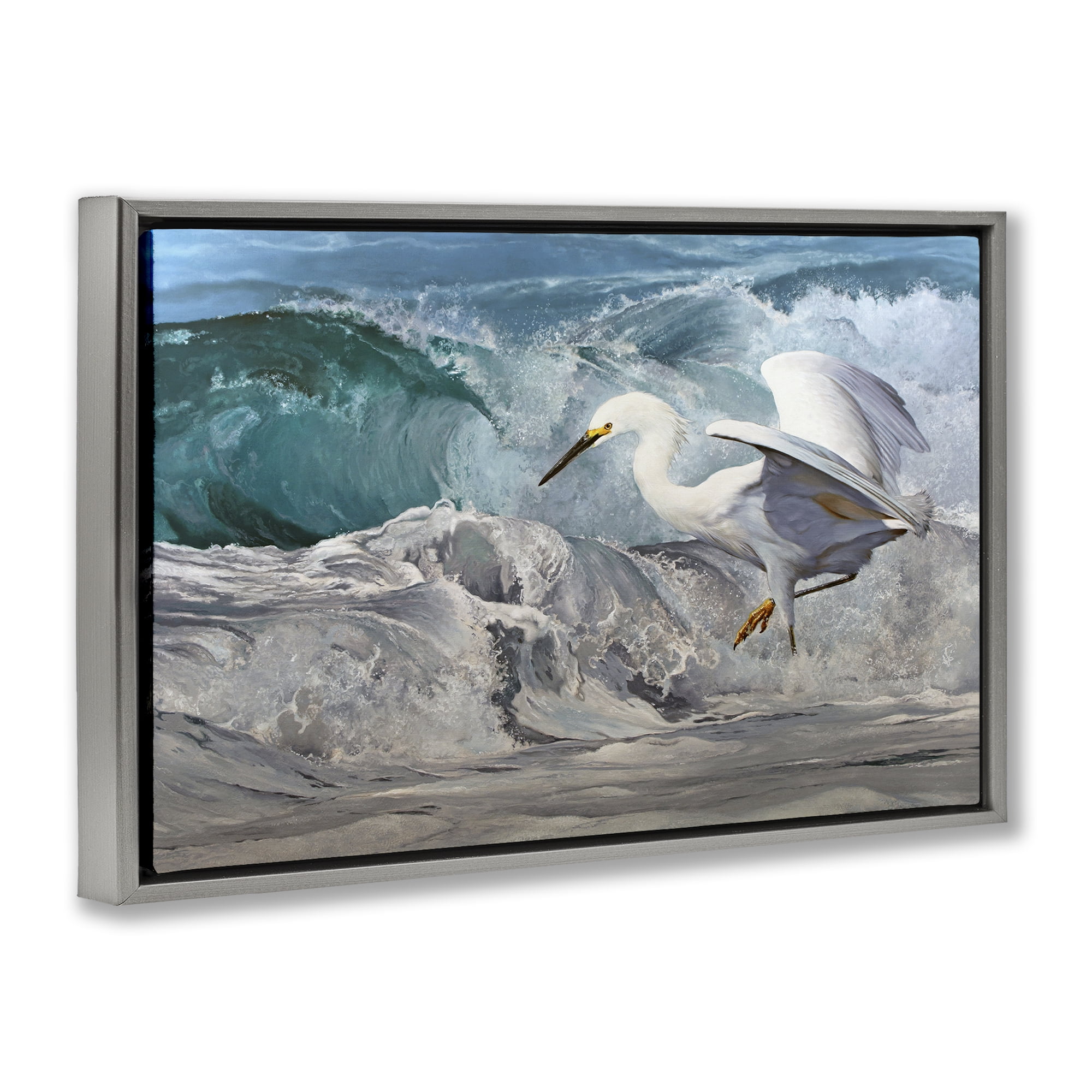 Stupell Industries Wave Dancer Heron Nautical & Beach Painting Gray Floater Framed Canvas Art Print Wall Art, 31 x 21