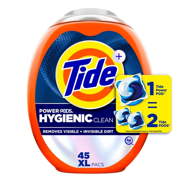 Tide Hygienic Clean Power PODS Laundry Detergent Pacs, Original Scent, Removes Visible and Invisible Dirt, laundry soap detergent pacs, 45 Count