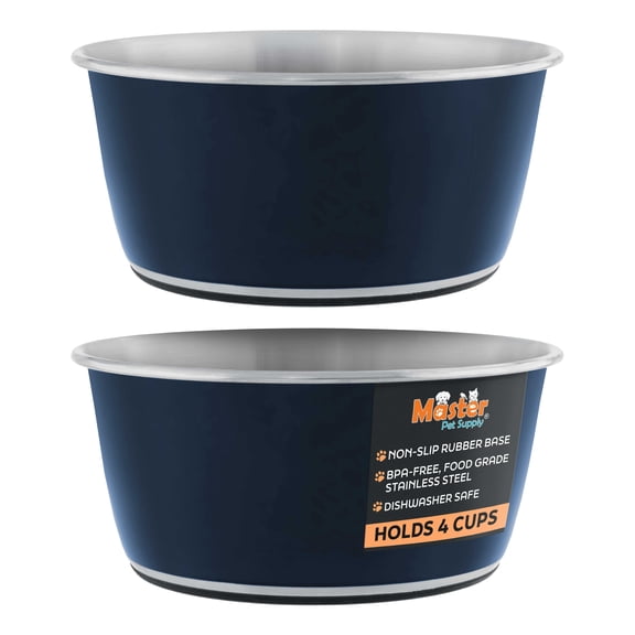 Master Pet Supply Stainless Steel Dog Bowls Set of 2 (32 Oz Each) with Non-Slip Rubber Base - Navy Blue - Basic Dog Food Bowl Water & Food Bowls for Small Medium Large Dogs & Cats, Metal Dish