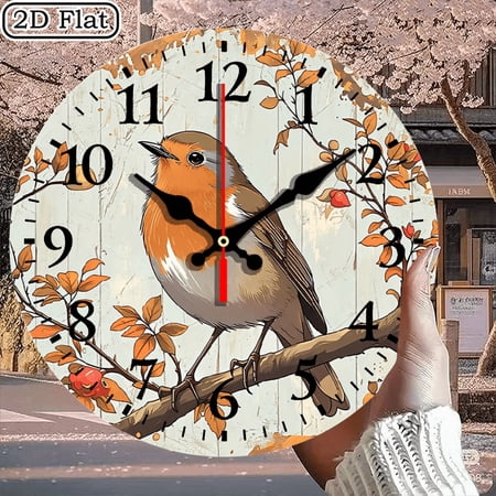 European Robin Wall Clock, Vintage Botanical Bird Illustration on Weathered Wood Texture, Round 10