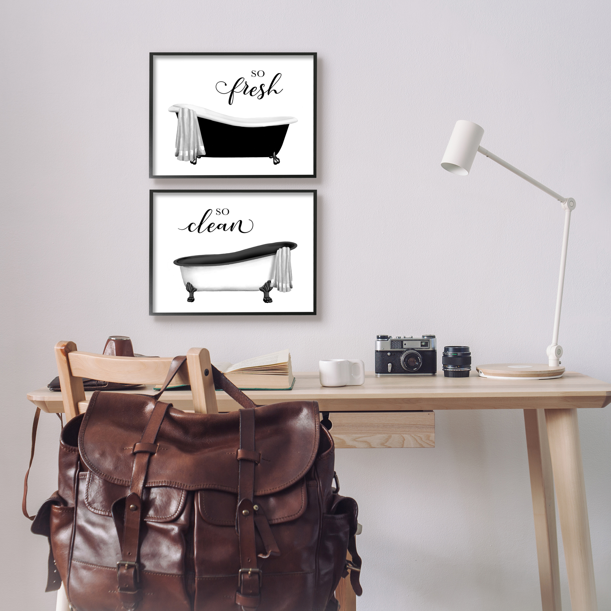 Stupell Industries So Fresh & Clean Bathtubs Typography Painting Black Framed Art Print Wall Art, Set of 2