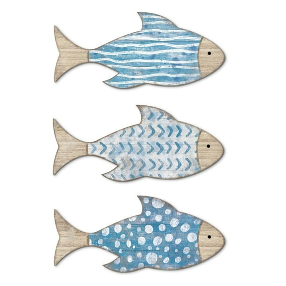 Beach Theme Wooden Wall Art Set Handcrafted Wood Fish Sculpture Hanging Decors