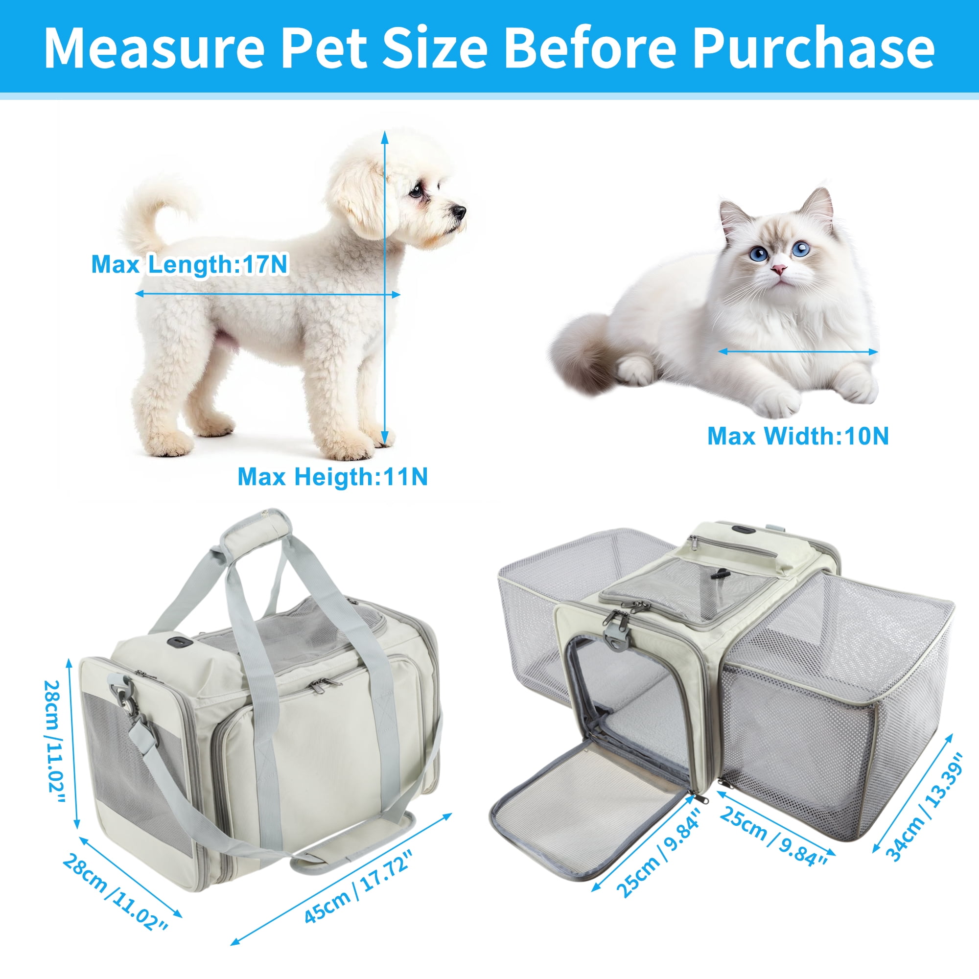 Unique Bargains Expandable Airline Approved Cat Carrier Soft-Sided Pet Travel Carrier with Removable Pad Collapsible Pet Carrier for Dogs Cats and Small Animals Beige