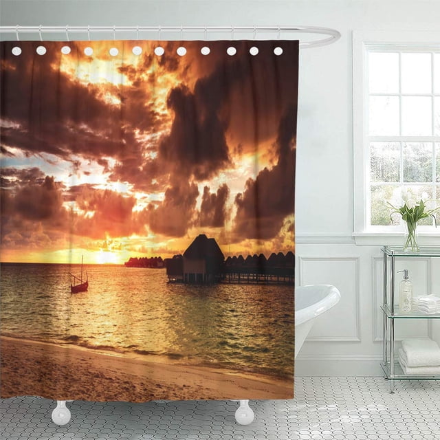 ABPHQTO Clima nublado Sobre el mar Hermoso paisaje marino en la noche Naranja Luz del atardecer Cortinas de ducha de baño 152x180 cm ABPHQTO PKNMT60x72Shower-3593