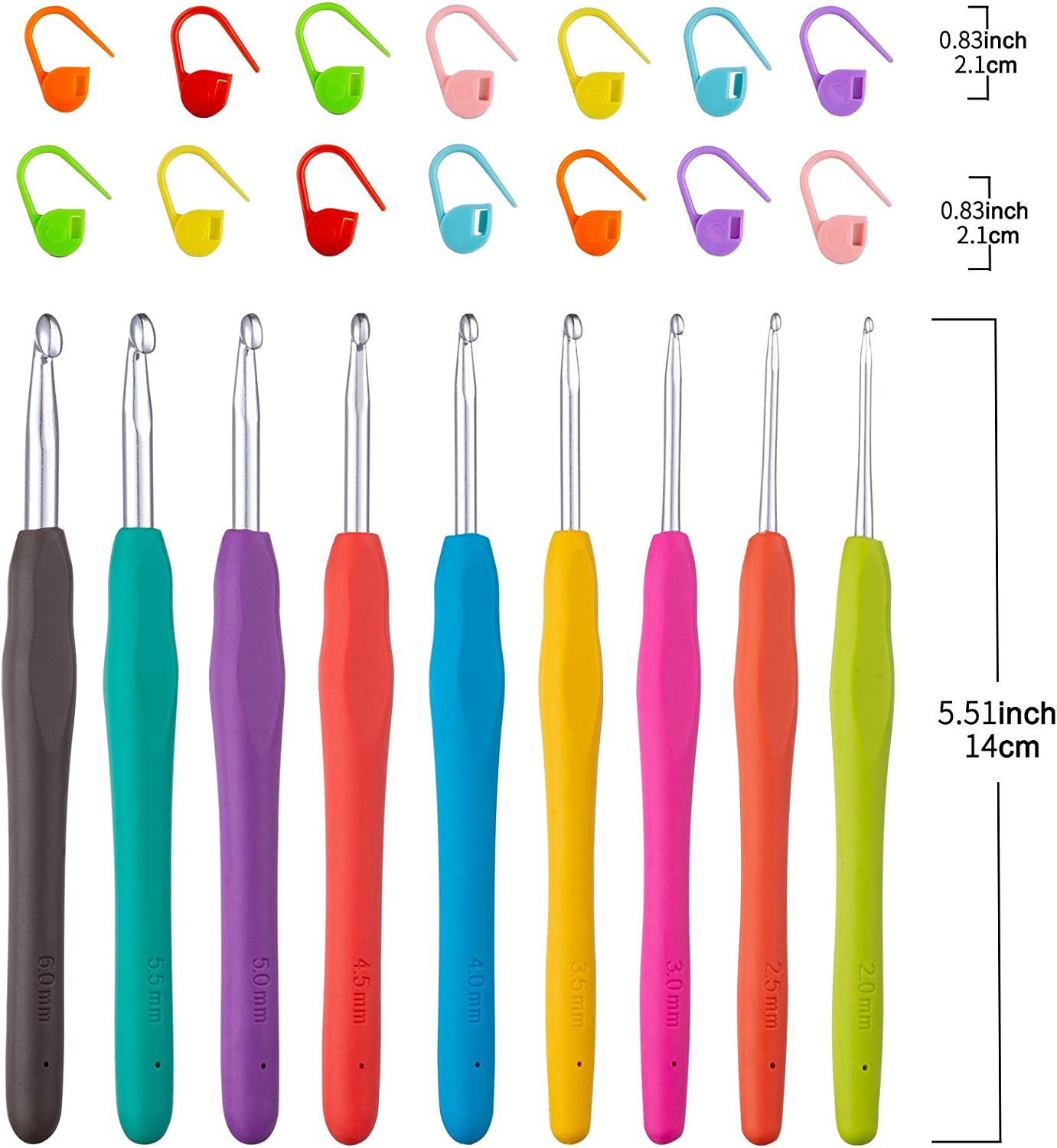 Vodiye No. 14 crochet hook set, sizes 2.0–10.0 mm, colorful metal crochet hooks, ergonomic design, comfortable to use