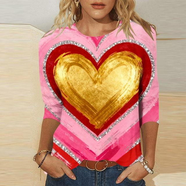 TaTaai Women's 3/4 Sleeve Layered Heart Print Round-neck Top, Valentine's Day Standout Pick, Casual Daily Fashion Home Top Gift