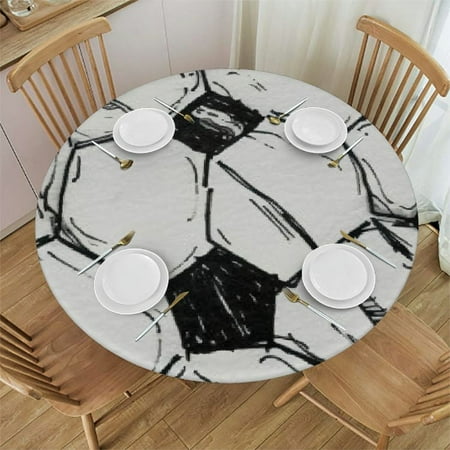 PIKWEEK Round Vinyl Fitted Tablecloth with Flannel Backing Elastic Table Cloth Waterproof Oil-Proof Plastic Table Cover Soccer Ball Round Tablecloth
