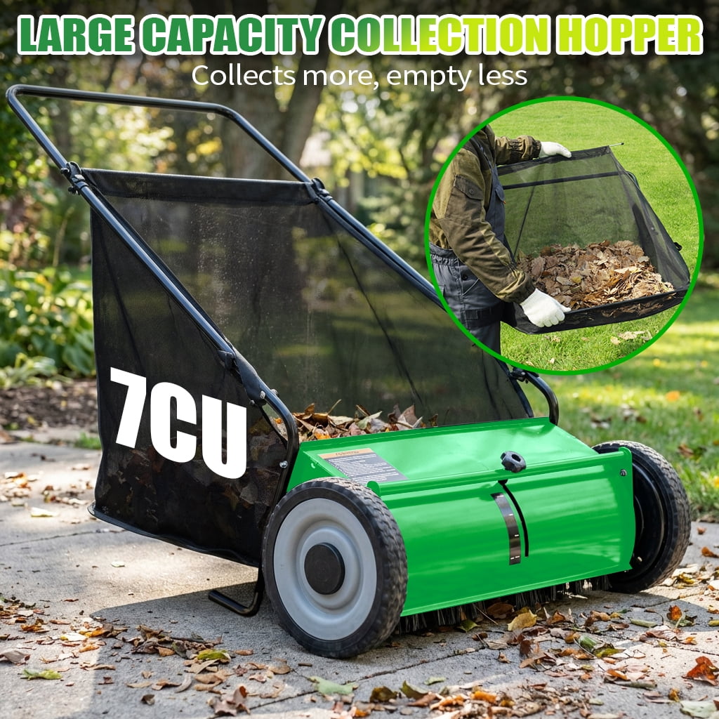 26" Push Lawn Sweeper, 7 cu.ft Large Capacity Yard Sweeper Push, Leaf Collector with Detachable Hopper, Rubber Wheels, Ergonomic Handle for Lawns, Yards & Gardens,Adjustable Height