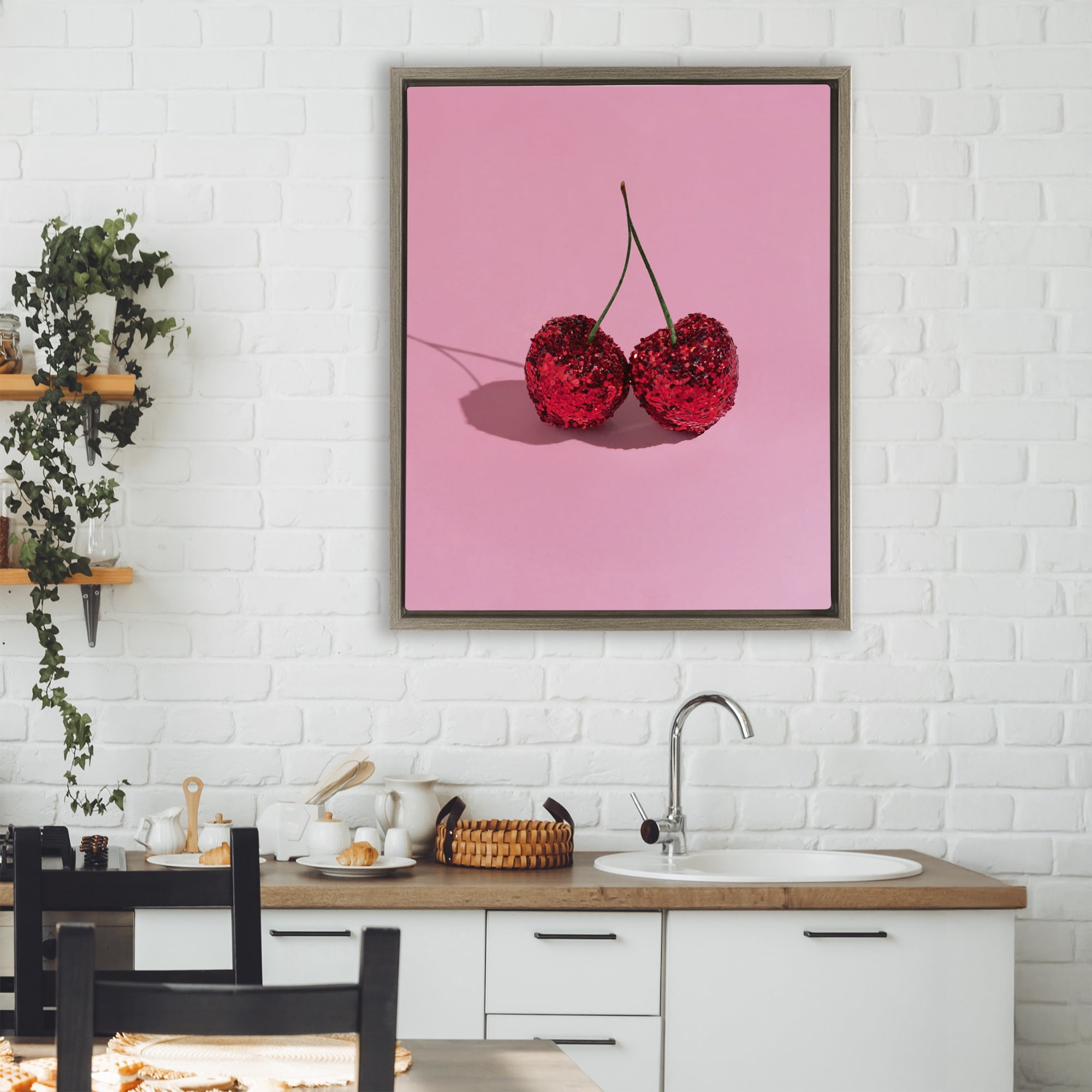 Stupell Industries Glitter Encrusted Cherries Brown Framed Floater Canvas Wall Art, design by LISH Creative