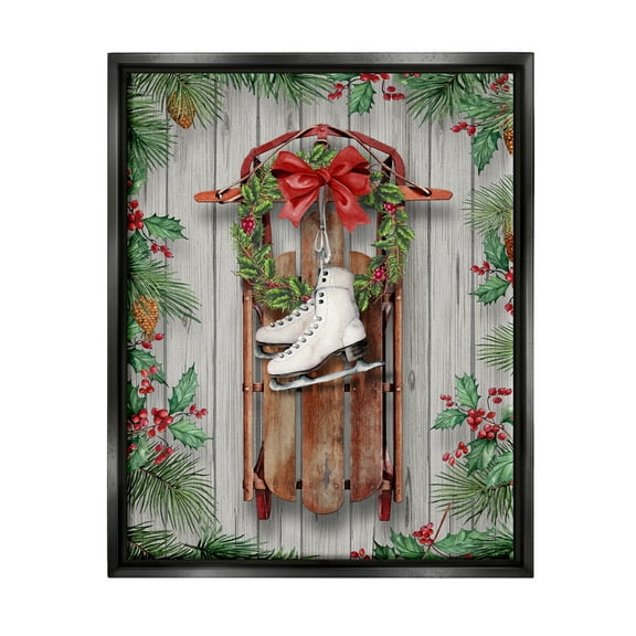 Stupell Industries Winter Ice Skates & Sled Holiday Painting Black Floater Framed Canvas Art Print Wall Art, 17 x 21