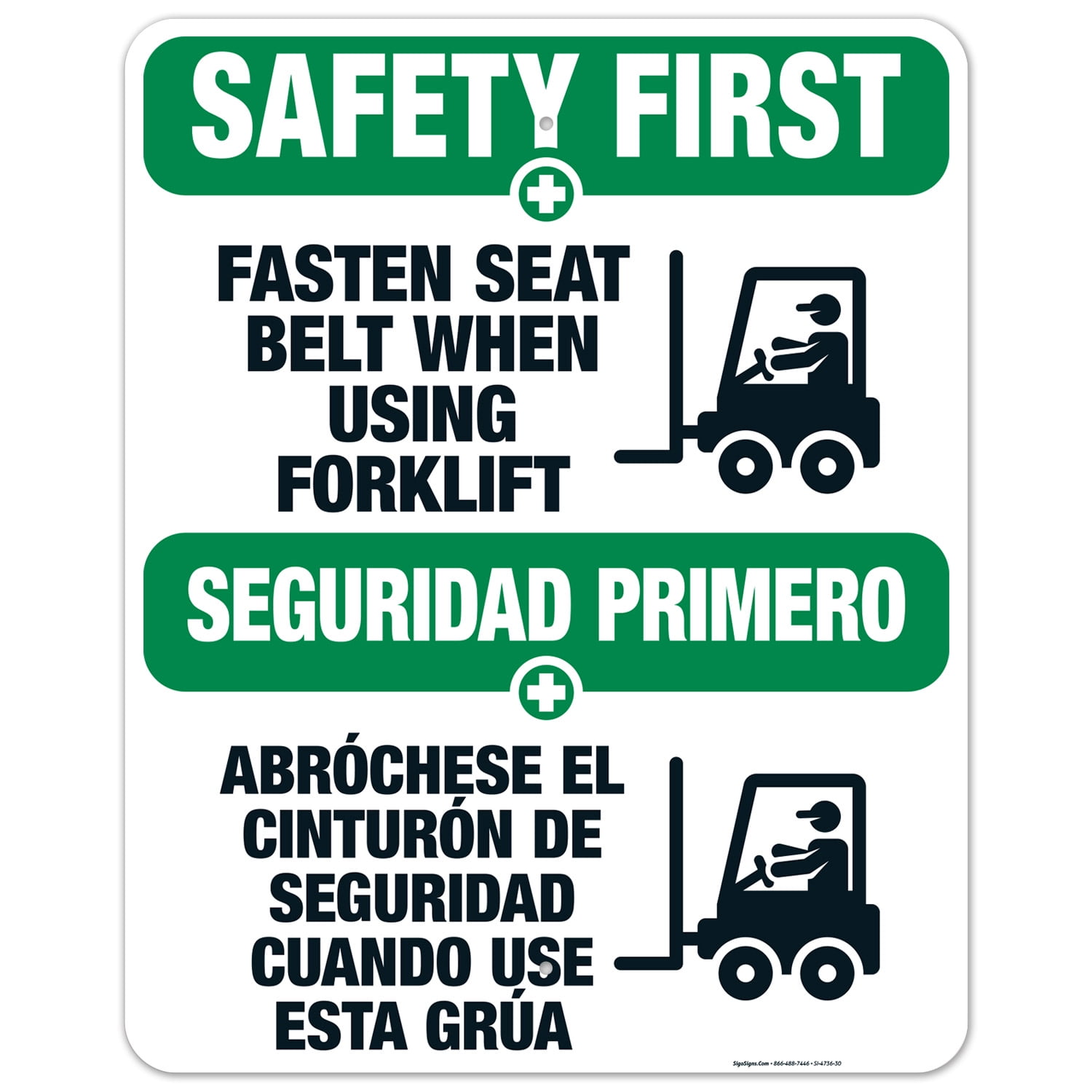 Fasten Seat Belt When Using Forklift Bilingual Sign, OSHA Safety First