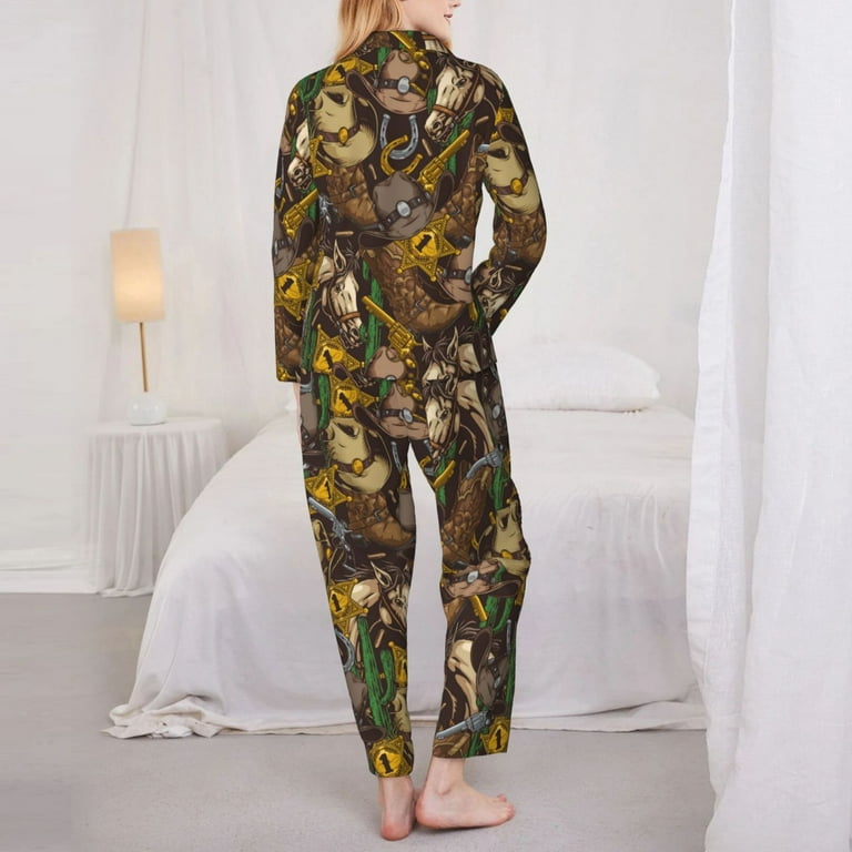 Pajamas for Women Set Western Cowboy Horse Cowboy Hat Soft Comfy Long Sleeve Button Up Pajama Sets for Women 2 Piece Sleepwear Nightwear Pjs Lounge
