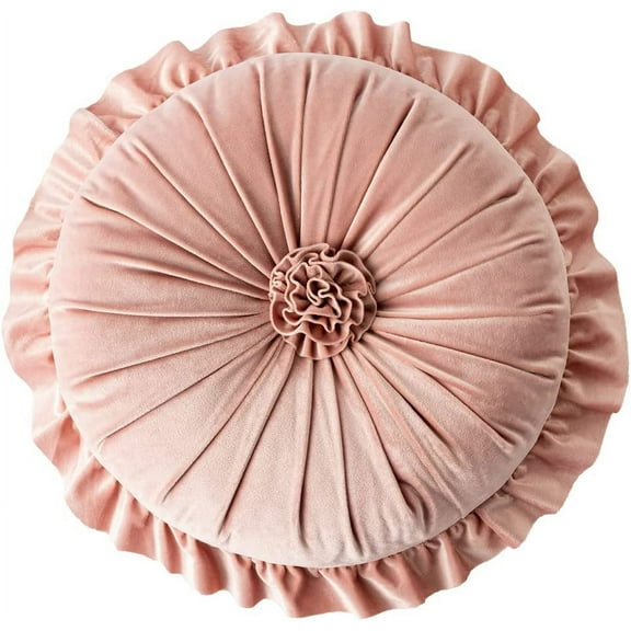 Xiao Hua Round Throw Pillow with Ruffles, Pumkin Pleated Velvet Chair Cushion 3D Floral Decorative Floor Pillow for Sofa Bedroom Office Car (Pink,Diameter 14")