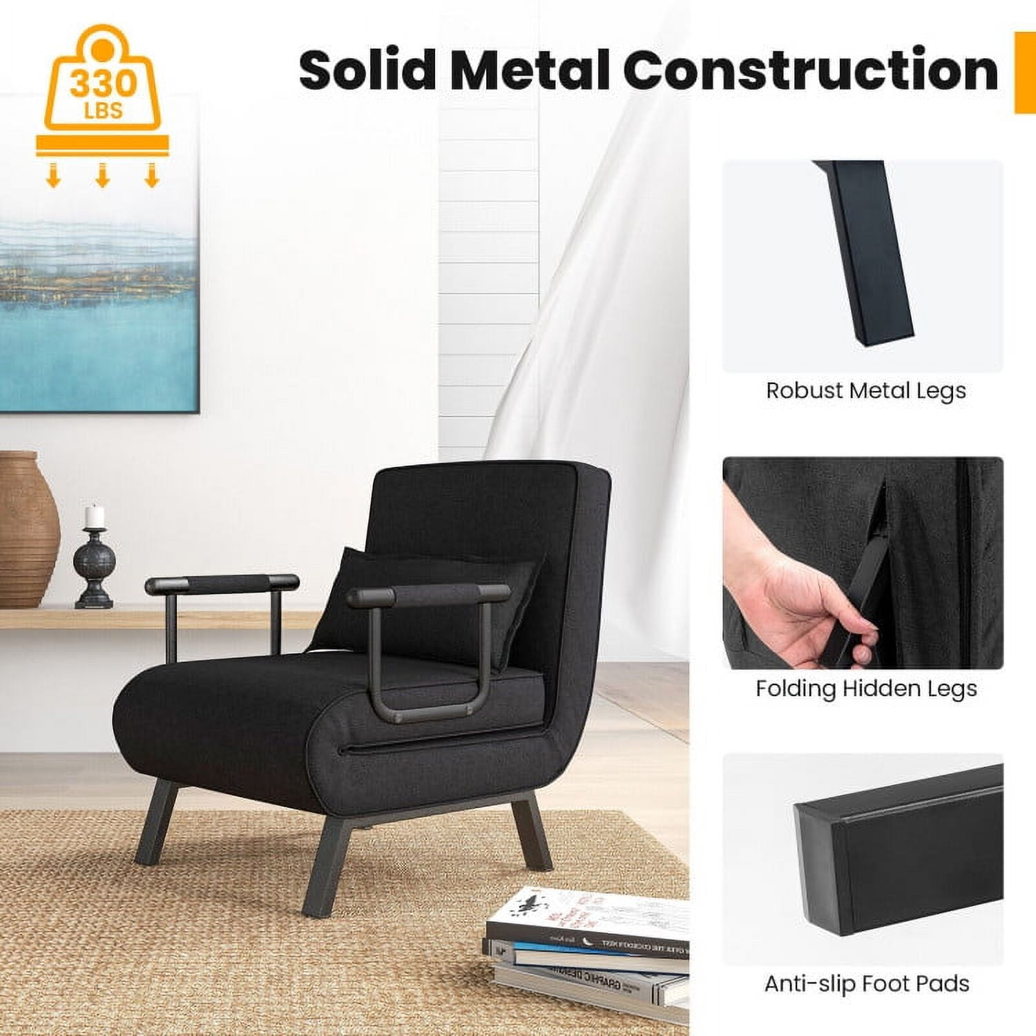 Folding Chair Bed, Folding 6 Position Convertible Sleeper Bed Armchair Lounge Couch with Pillow, Cozy Futon Chair for Small Spaces, Office, Black