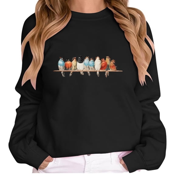 Tiweut Vintage Birds Sweatshirt Gift for Women Casual Long Sleeve Tshirt Cute Bird Lover Gifts Pullover Tee Tops,Black,L