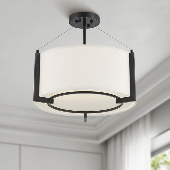 Possini Euro Design Mariner Modern Ceiling Light Semi Flush Mount Fixture 17 1/4" Wide Black 3-Light White Drum Shade for Bedroom Kitchen Living Room