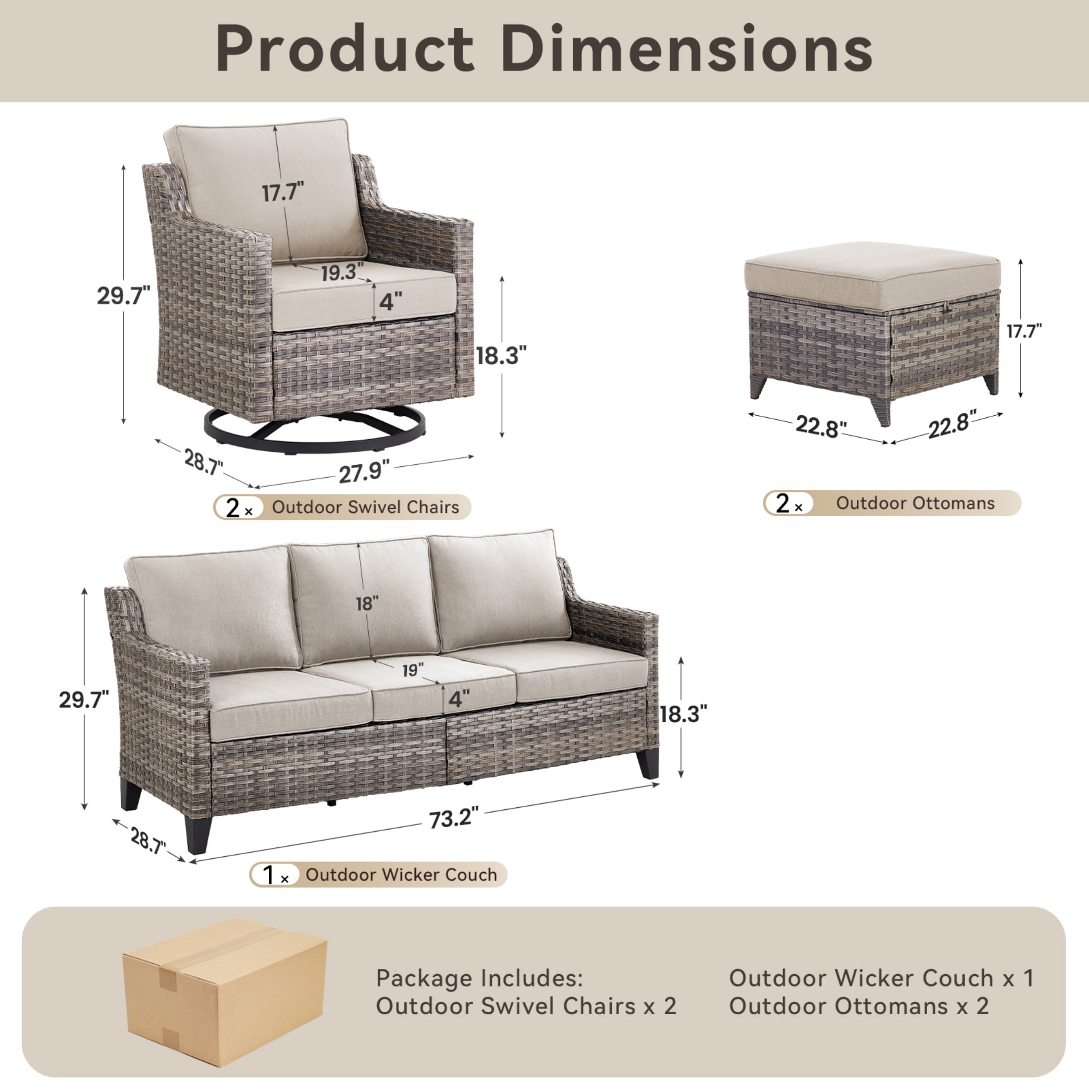 Unnifurnzi Patio Furniture Set-5 Pieces All Weather Wicker Outdoor Furniture Outdoor Swivel Rocking Chairs with Patio Couch Outdoor Patio Furniture Set for Porch Balcony Deck-Gray/Beige