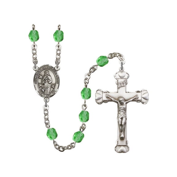 Our Lady of Assumption Silver-Plated Rosary 6mm August Green Fire Polished Beads Crucifix Size 1 5/8 x 1 medal charm