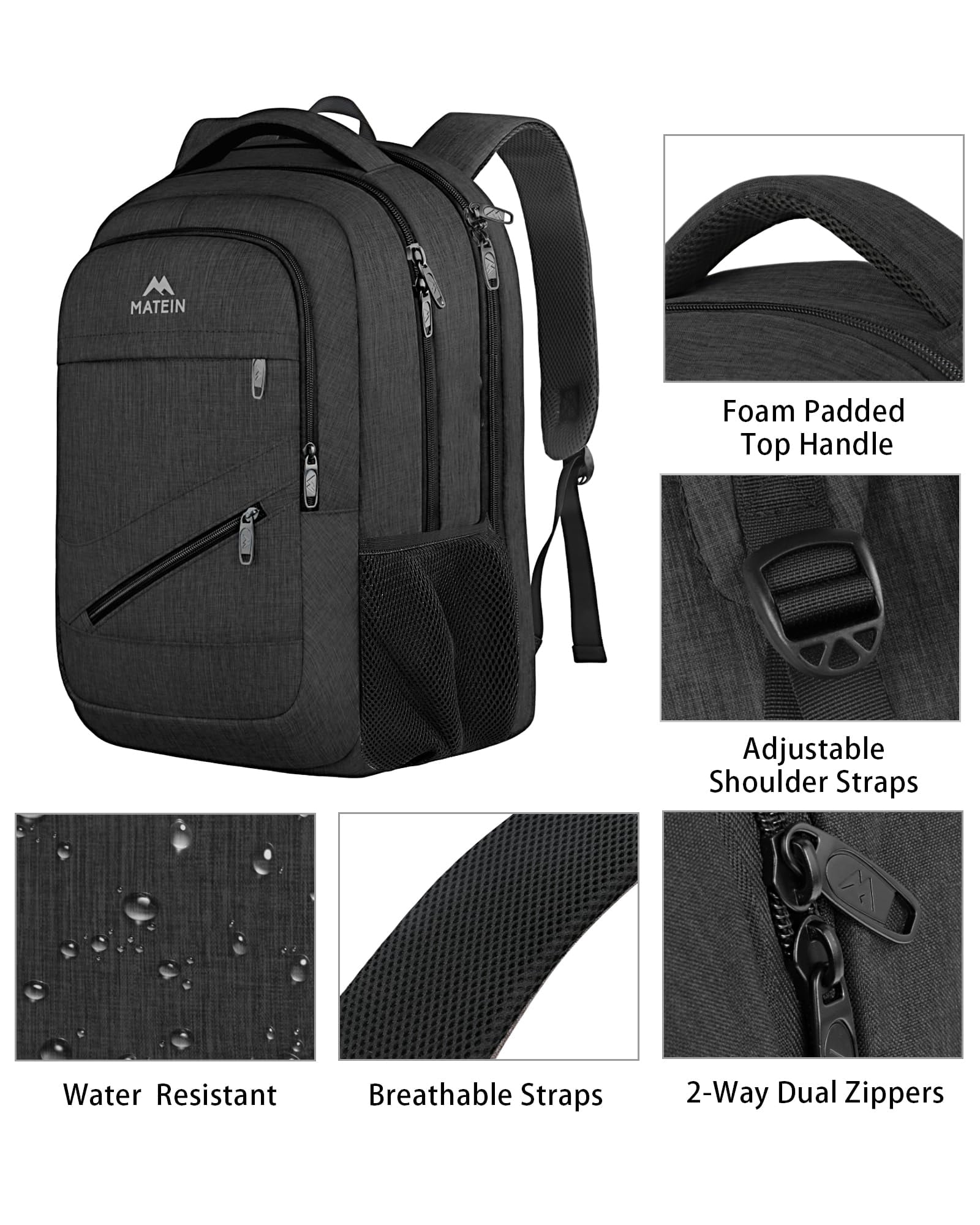 Matein Travel Backpacks for Men Women, TSA Approved Carry on Work Backpack with Trolley Sleeve and Anti Theft Pocket, 30L Capacity, Black