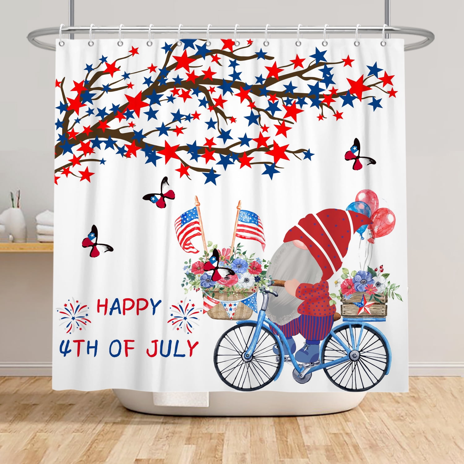 SUNOLIFE 4th of July Shower Curtain,Patriotic Independence Day Gnome Fabric Bathroom Curtain with Hooks,60x72 in