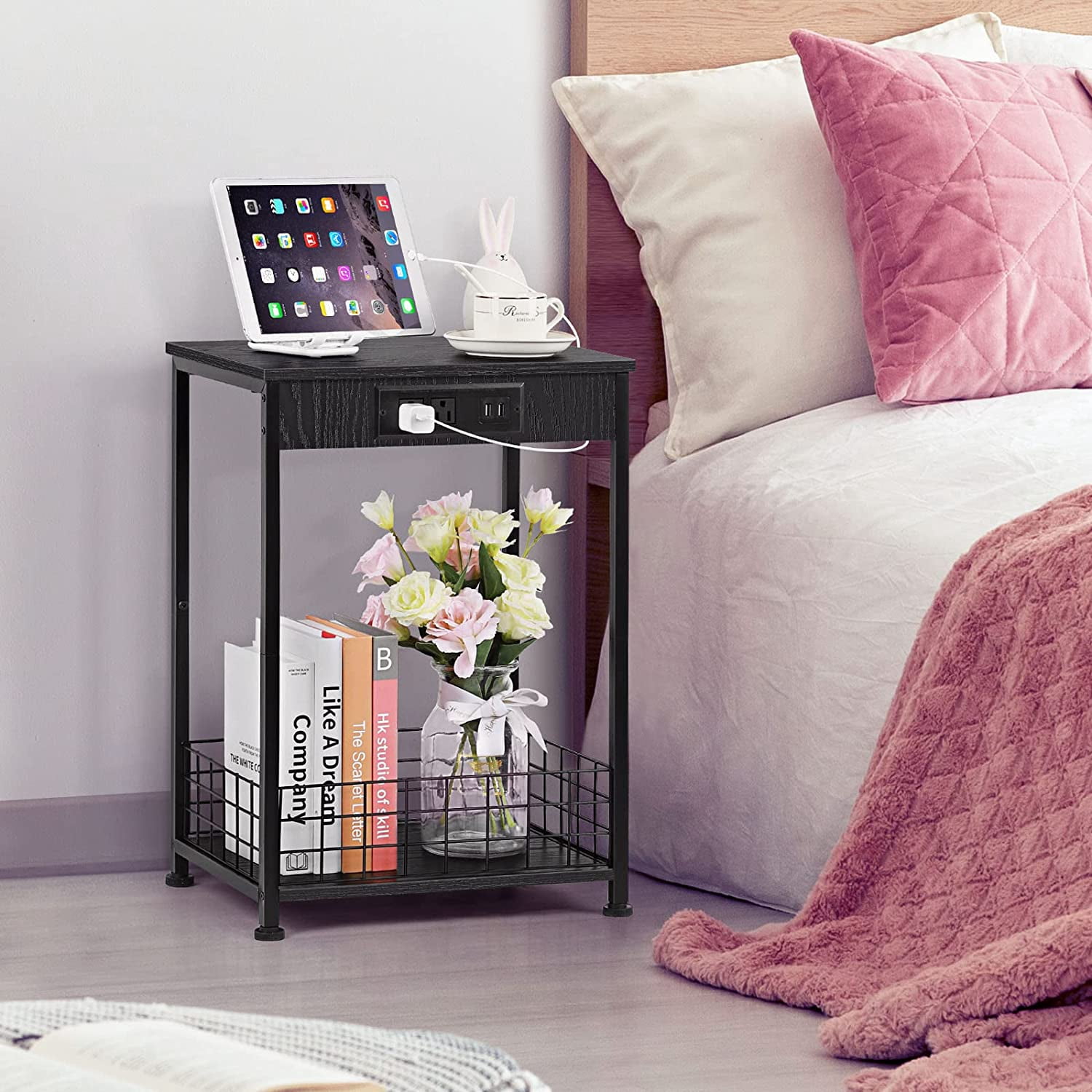 2 Tier Nightstands End Tables with Charging Station and Storage Basket Set of 2, Black