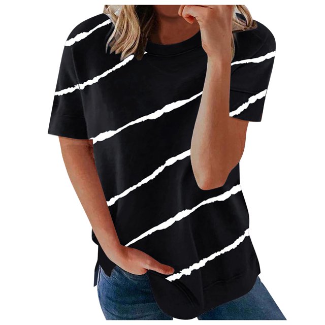 Gibobby Playera de Manga Corta con Cuello Redondo Camisetas cuello redondo con estampado rayas manga corta moda informal para mujer(Negro,CH)