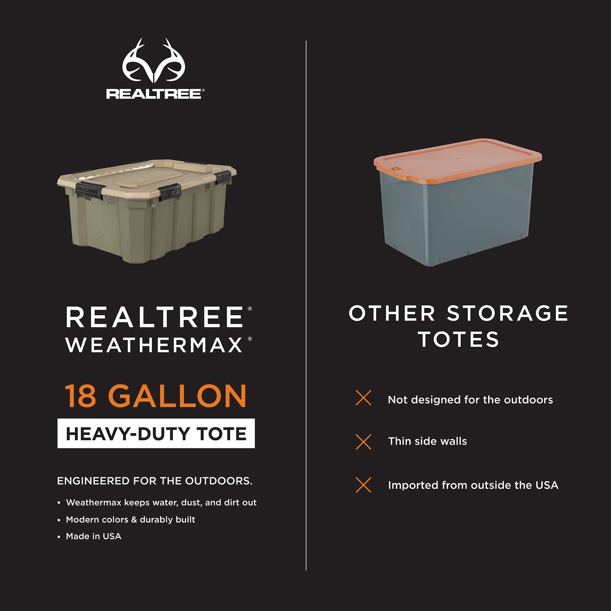 Realtree® WEATHERMAX™ 18 Gallon Green and Tan Storage Tote with Latching Lid, Heavy Duty Plastic Storage Bin, Pack of 2