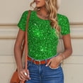 thumbnail image 6 of KLL Women 's Crew Neck Bodysuit Jumpsuits Green Glitter Print Short onesies Stretch T Shirts, 6 of 7