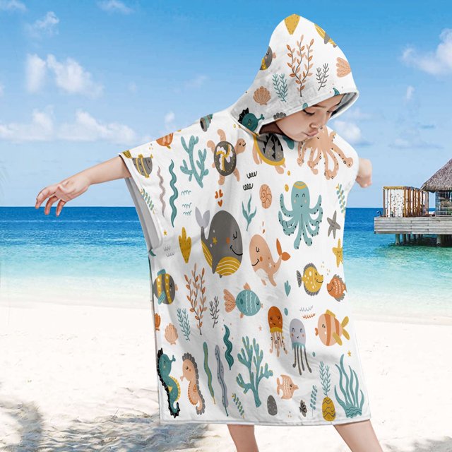 Toalla de playa con capucha para niños, con diseño de algas marinas, para piscina, baño, poncho suave y absorbente, 61 x 61 cm