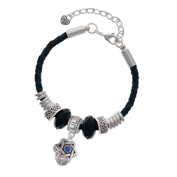 Delight Jewelry Silvertone Star of David with Blue Crystal Spinner Sister Celtic Knot Leather Bead Bracelet, 7" 2" Extender
