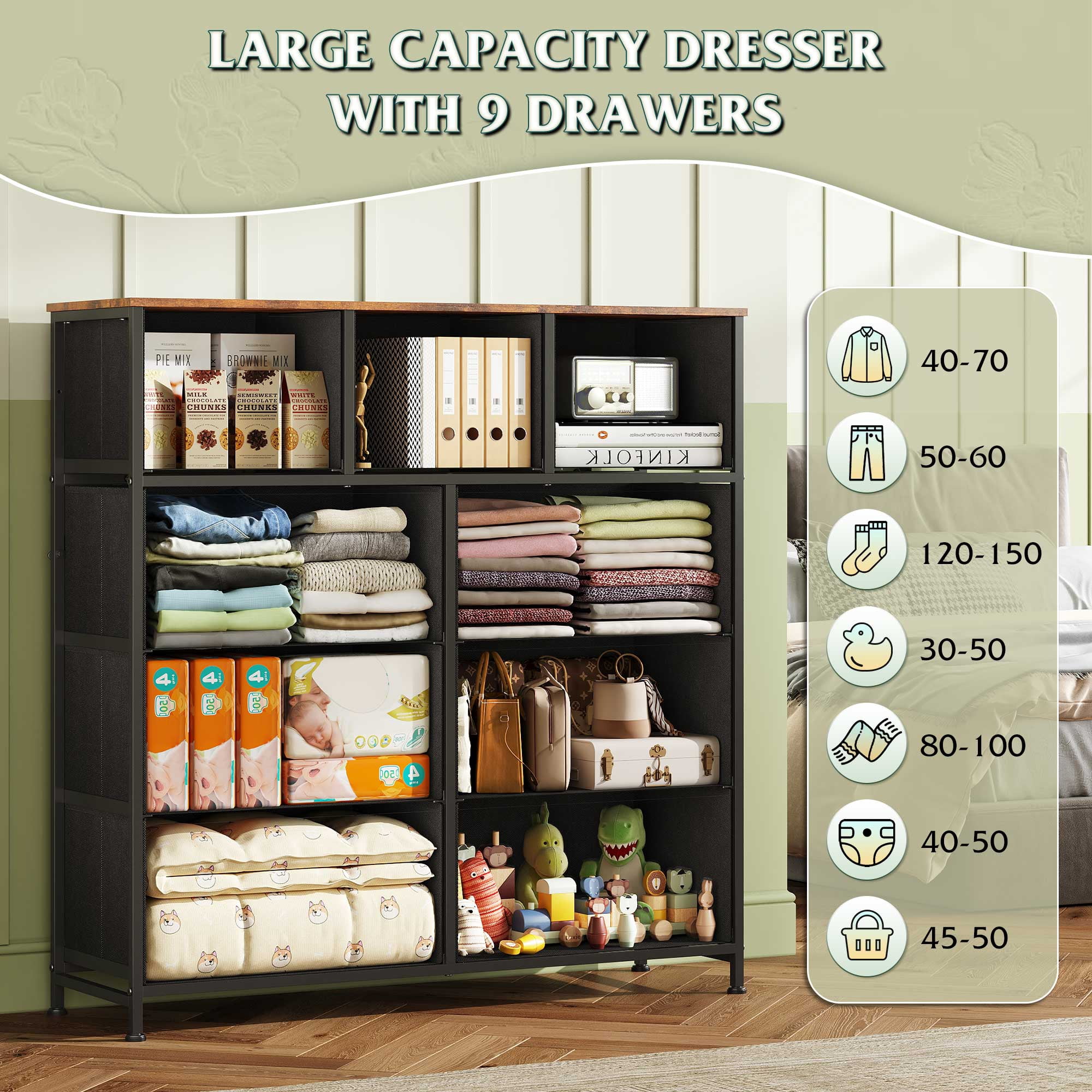 GALAXHERO 9-Drawer Fabric Dresser, Tall Storage Tower for Bedroom, Hallway, Entryway, Closet, Chest Organizer Unit with Fabric Bins, Steel Frame, Wood Top, Easy Pull Handle, Pattern