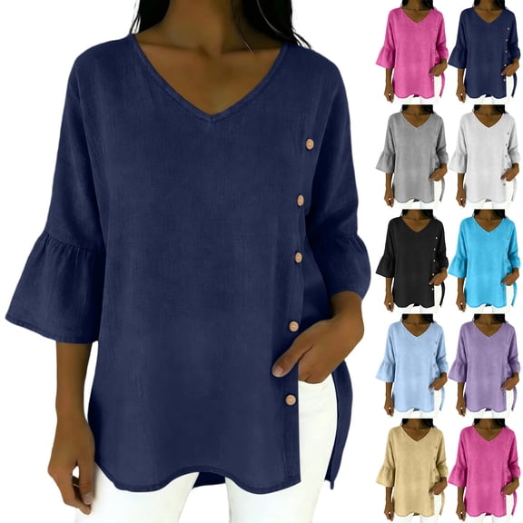Hilenly 3/4 Bell Sleeve Tops for Women Side Button Cotton Linen Shirts V Neck Blouse