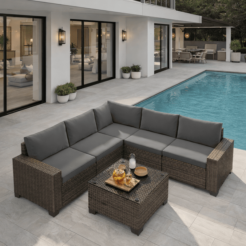 Aiho Outdoor Patio Furniture Set with All Weather Wicker, 6 Pieces Outdoor Sectional Sofa with Soft Cushions and Coffee Table, For Garden, Backyard, Poolside, Patio, Porch and Balcony - Gray
