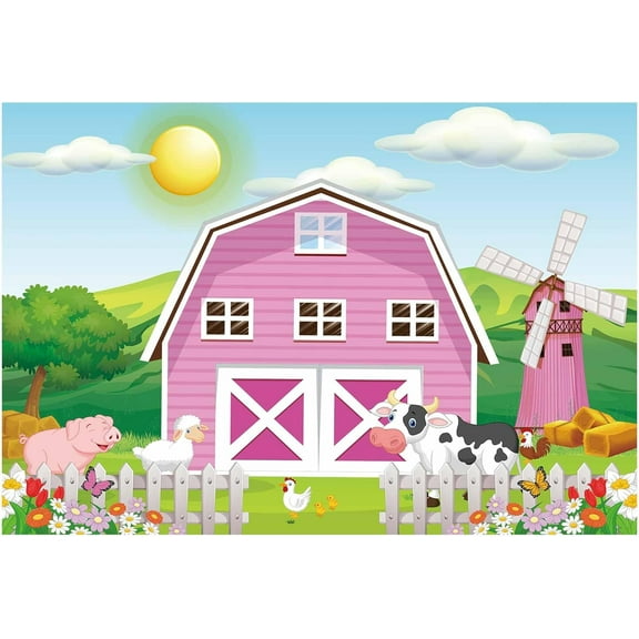 7x5FT Cartoon Farm Animals Pretty Party Backdrop Pink Barn Girl Baby Shower Birthday Photography Background Cow Grass Rustic Barnyard Scenic Banner Cake Table Decoration Photo Booth Props