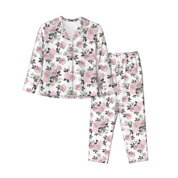 Fotbe Rose Flowers Conjunto de Pijama de Manga Larga para Mujer con Estampado, Ropa de Dormir de 2 Piezas, Conjunto de Casa Suave y Cómodo con Bolsillos-Medium