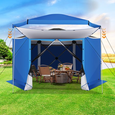 SANOPY 12'x12' Starry Sky Covered Gazebo with Awning, Outdoor Pop up Gazebo 6-Sided Mosquito Netting and Sidewalls, Gazebo Canopy Tent for Backyard, Blue