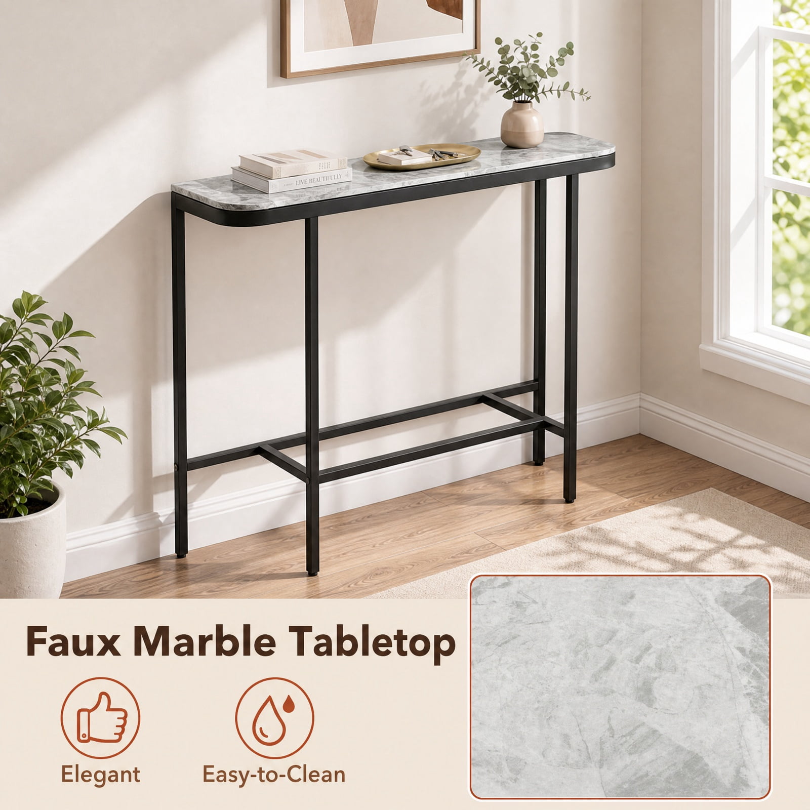 Furnibear 44 Inch Console Table Entryway Table with Faux Marble Tabletop and Heavy Duty Metal Frame for Living Room Hallway, Gray