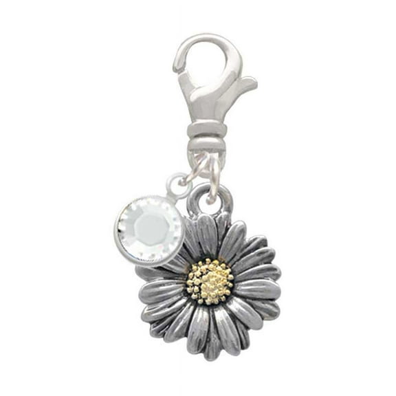 Delight Jewelry Two-tone Daisy Flower - Silvertone Clip on Charm with Clear Crystal Drop